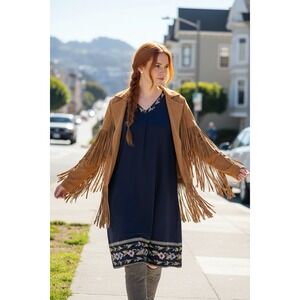 JJill Womens 1X Navy Blue Floral Embroidered Smocked V-Neck Dress Boho Lagenlook